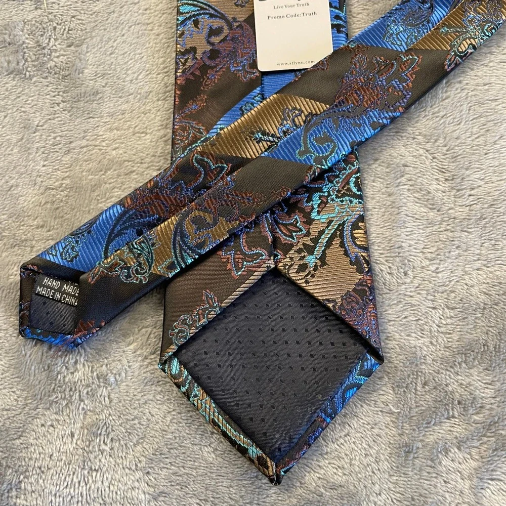 NWT St. Lynn Mens Silk Tie Brown Blue Bronze Paisley Striped Hand Made Jacquard